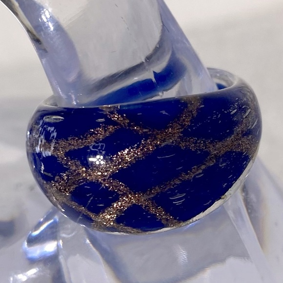 Vintage Art Glass Handmade Blue & Copper Glitter Band Ring - Picture 2 of 12